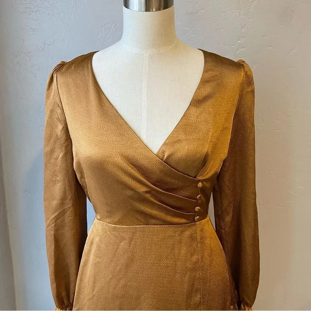 Lulu’s 4SI3NNA Brielle Bronze Satin Long Sleeve Midi Dress in Bronze Copper